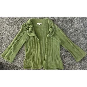 Cabi Sweater Small, Green with Flower Collar Detail